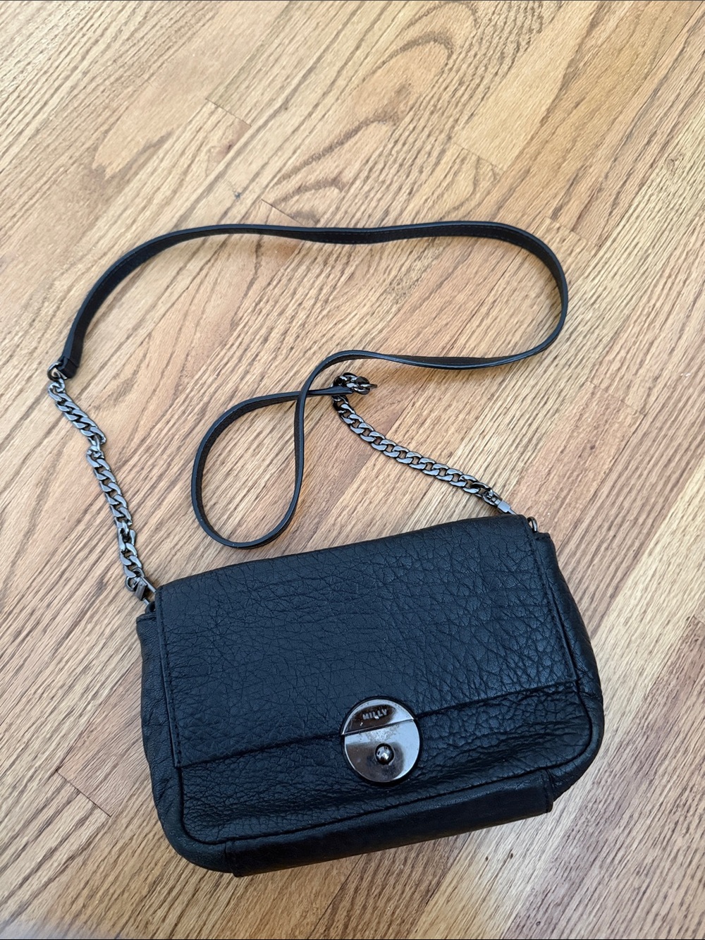 Milly Black Pebbled Leather Crossbody with Silver Chain